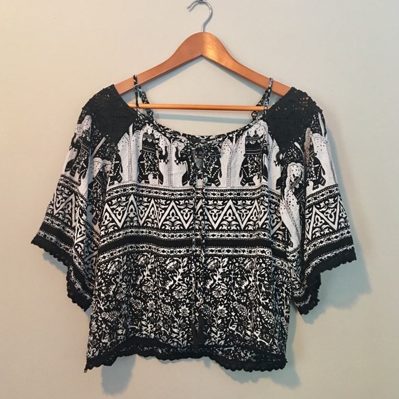 Angie Elephant Boho Cold Shoulder Short Sleeve Top - Picture 1 of 8